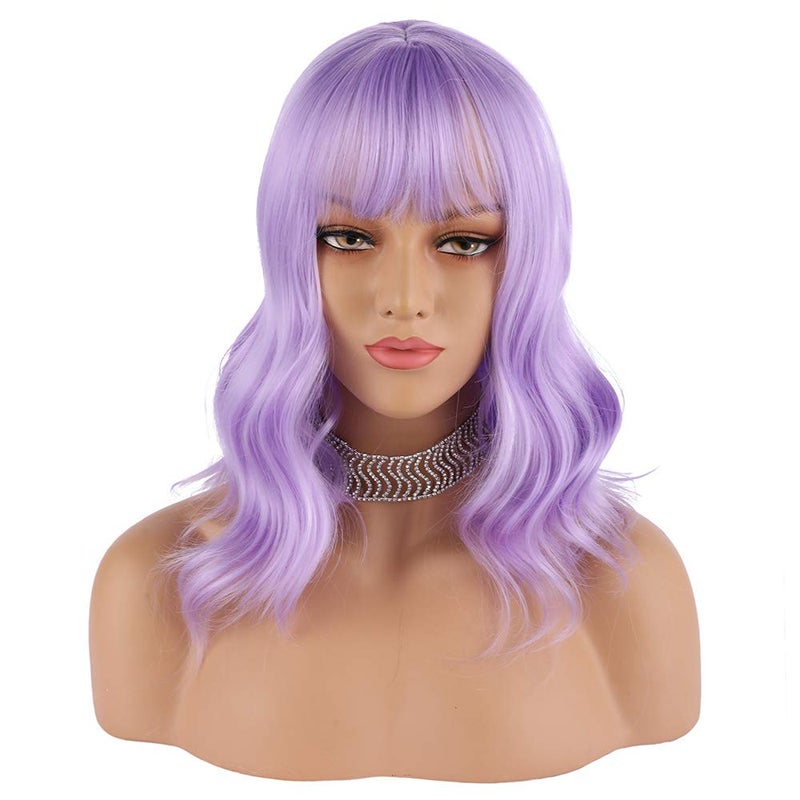 eNilecor Lavender Purple Wig Short Colorful colored Curly Wavy Synthetic Bob Wigs with Air Bangs 14" Natural Lilac Neon Wigs for Women - Image 2